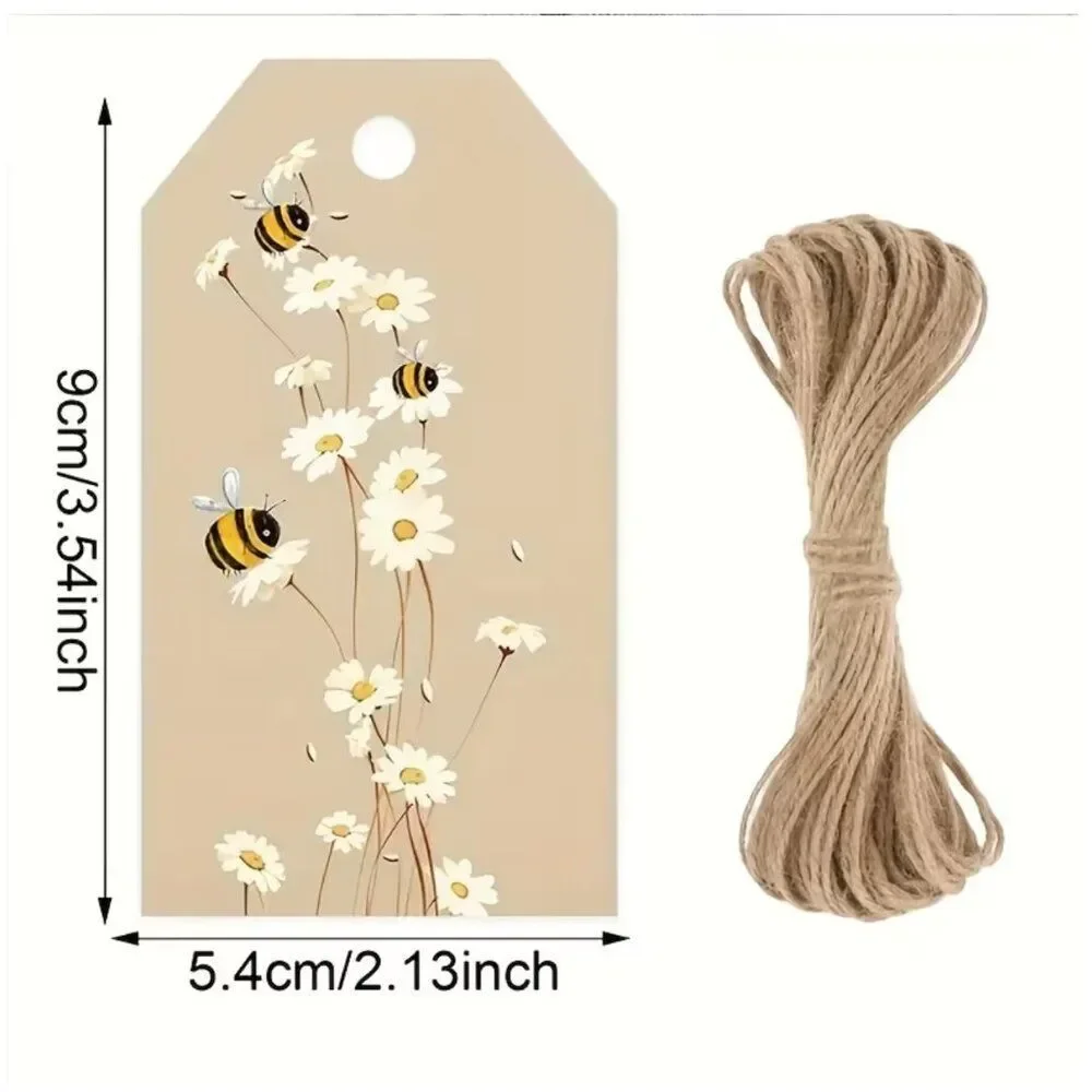 50pcs Bee & Daisy Gift Tags Farmhouse Style Beige & Brown Cottagecore Minimalist